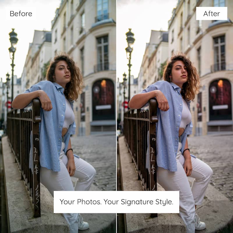 Before and after comparison of a woman leaning on a railing in an urban setting Edited with Paris Lightroom Preset