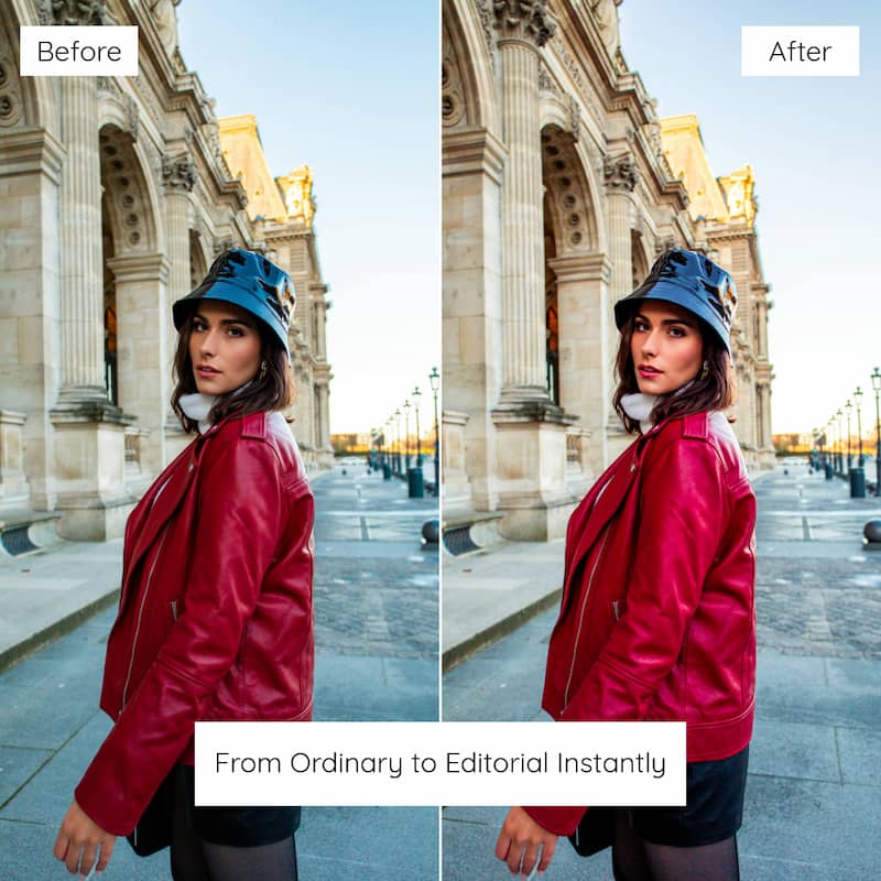 Before and after comparison of a woman in a red jacket and blue hat in front of an architectural building Edited with Paris Lightroom Preset