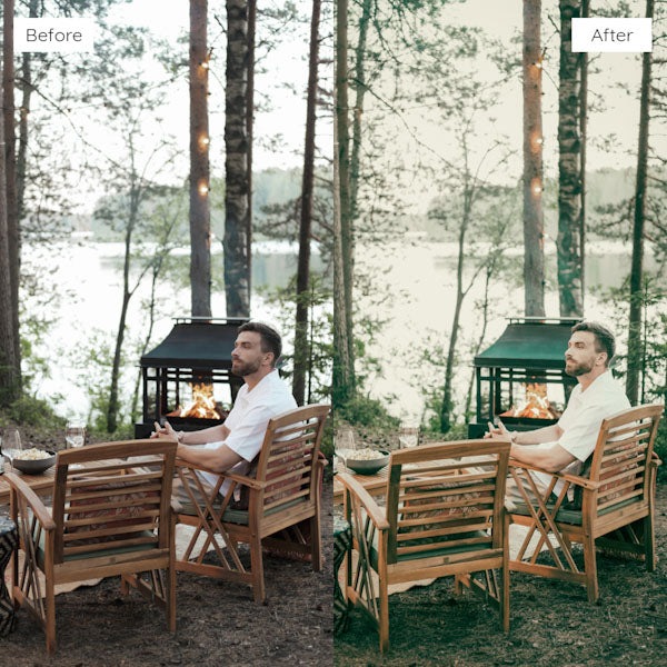 Before and after using Lightroom Presets for enhancing natural light and shadows in photos.