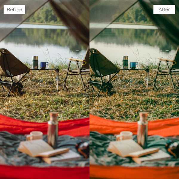 Before and after using Lightroom Presets for sharpening details and intensifying colors in photos.