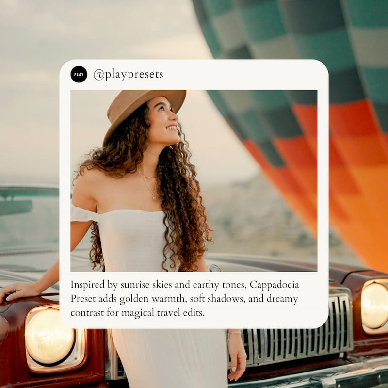 Inspired by sunrise skies and earthy tones, Cappadocia Preset adds golden warmth, soft shadows, and dreamy contrast for magical travel edits.