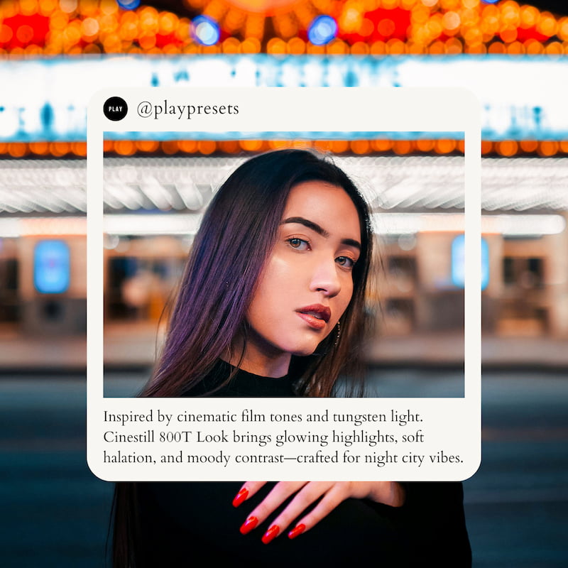 Woman with long hair and red nails against a blurred cityscape background edited with CineStill 800T Look Video LUTs.