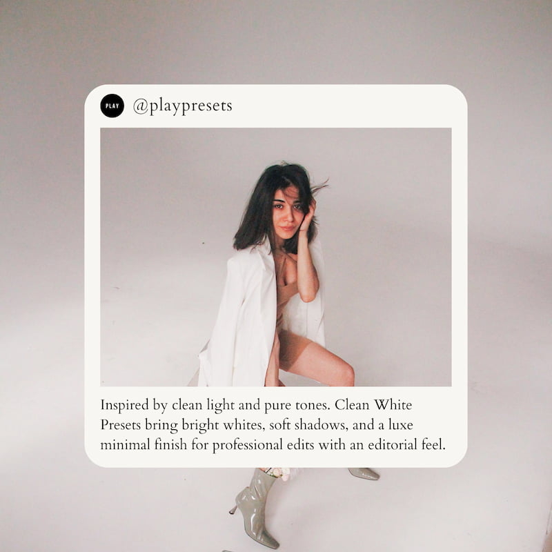 Inspired by clean light and pure tones. Clean White Presets bring bright whites, soft shadows, and a luxe minimal finish for professional edits with an editorial feel.