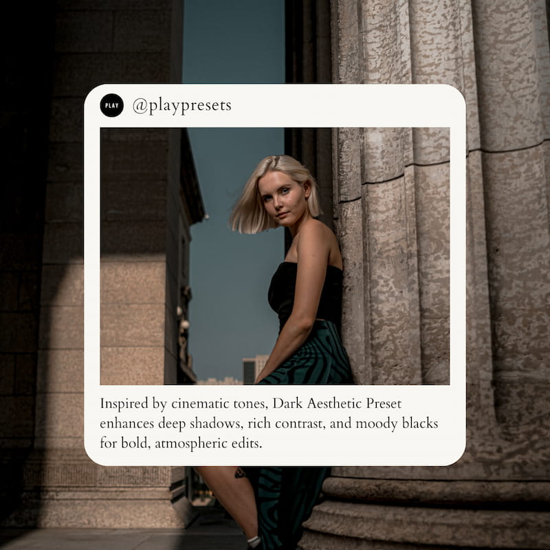 Inspired by cinematic tones, Dark Aesthetic Preset enhances deep shadows, rich contrast, and moody blacks for bold, atmospheric edits.
