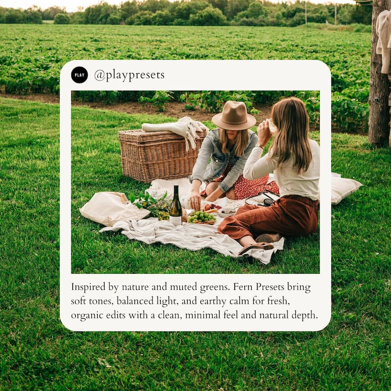 Inspired by nature and muted greens. Fern Presets bring soft tones, balanced light, and earthy calm for fresh, organic edits with a clean, minimal feel and natural depth.