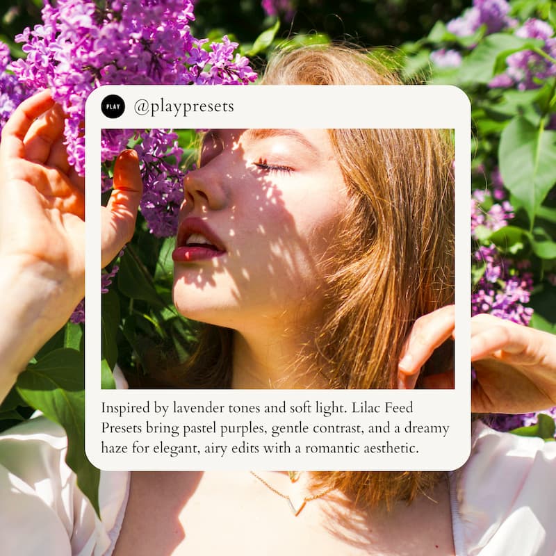Inspired by lavender tones and soft light. Lilac Feed Presets bring pastel purples, gentle contrast, and a dreamy haze for elegant, airy edits with a romantic aesthetic.
