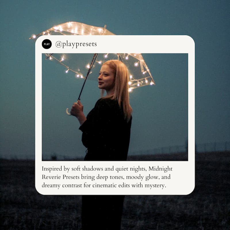 Inspired by soft shadows and quiet nights, Midnight Reverie Presets bring deep tones, moody glow, and dreamy contrast for cinematic edits with mystery.