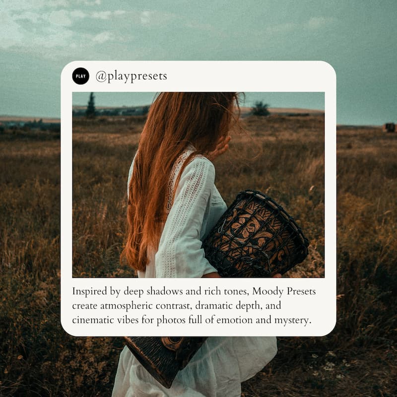 Inspired by deep shadows and rich tones, Moody Presets create atmospheric contrast, dramatic depth, and cinematic vibes for photos full of emotion and mystery.