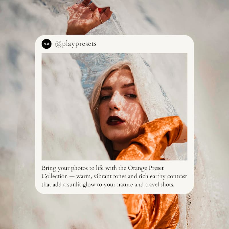 Bring your photos to life with the Orange Preset Collection — warm, vibrant tones and rich earthy contrast that add a sunlit glow to your nature and travel shots.