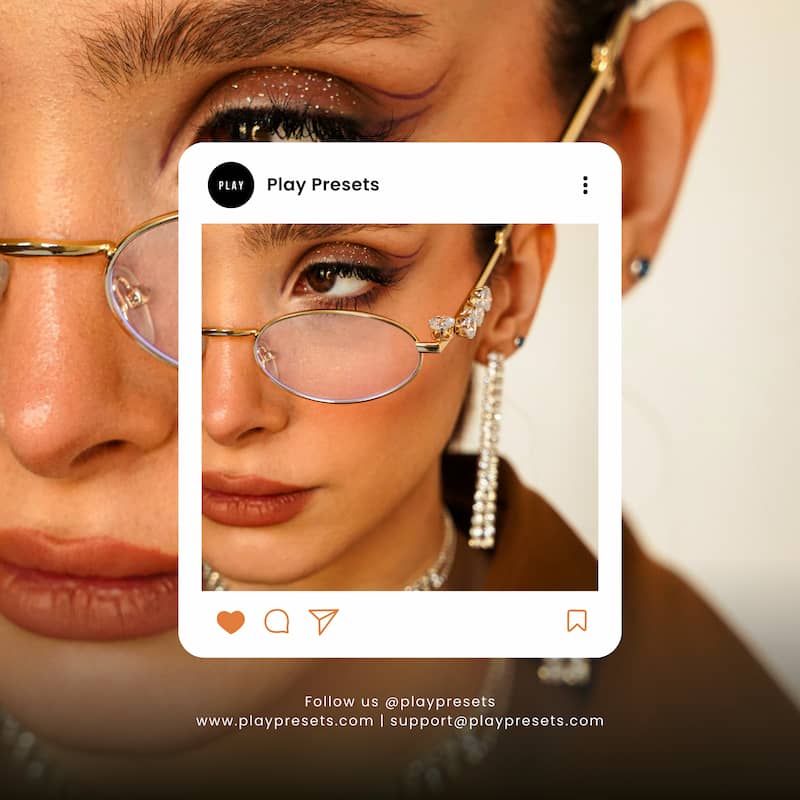 Close-up of a person wearing gold-framed glasses and pearl earrings Enhanced with Ivory Lightroom Presets