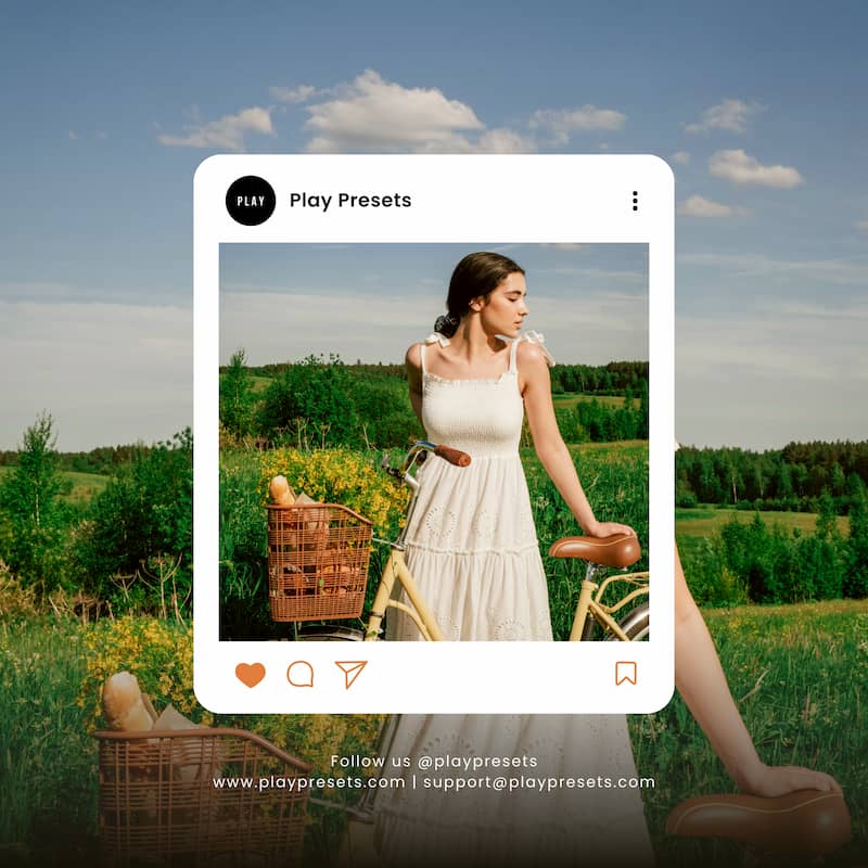 Woman in a white dress sitting on a bicycle in a field with  Enhanced with Fern Lightroom Preset