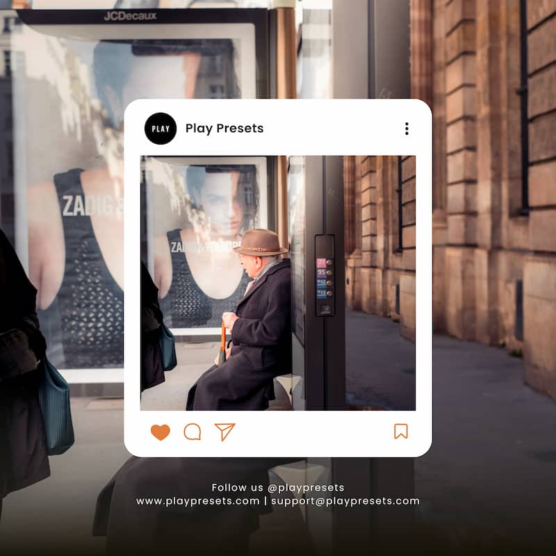 Person sitting on a bus with a smartphone displaying Enhanced with Paris Lightroom Presets