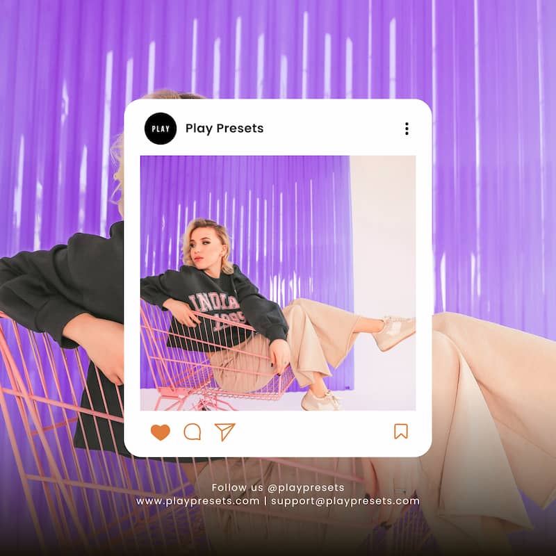 Person sitting in a shopping cart with a purple background, overlaid with an Instagram interface Edited with Lilac Feed Lightroom Presets