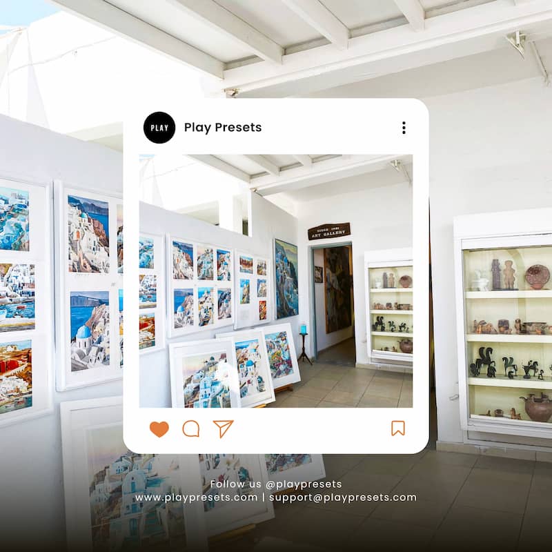 Art gallery with framed artworks on the wall and a display case Enhanced with Santorini Lightroom Presets