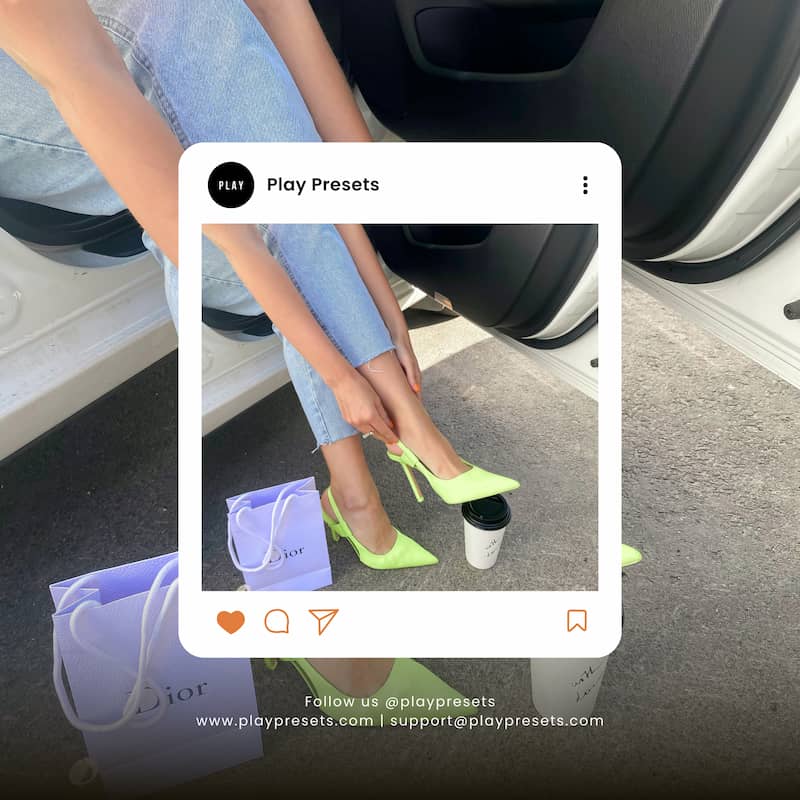 Person wearing bright green high heels with a phone overlay Enhanced with Lemon Lightroom Presets