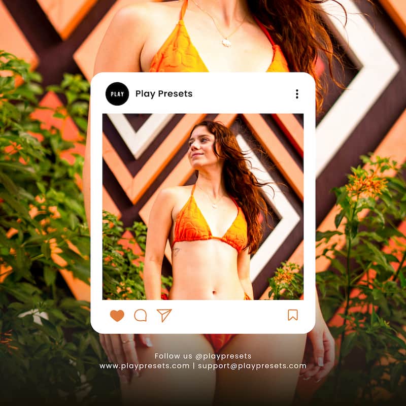 Woman in an orange bikini standing in front of a geometric wall pattern Enhanced with Play Lightroom Preset