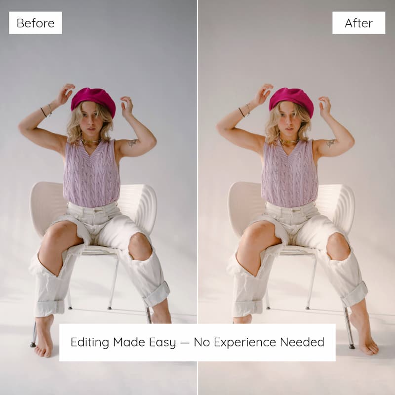 Before and after comparison of a woman sitting on a chair wearing a pink hat edited with Polaroid Preset Collection.