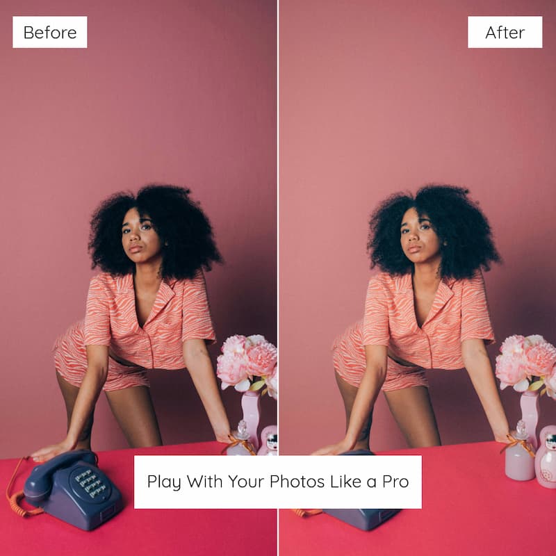 Before and after photo editing comparison of a woman posing with a phone and flowers on a red table edited with Polaroid Preset Collection.