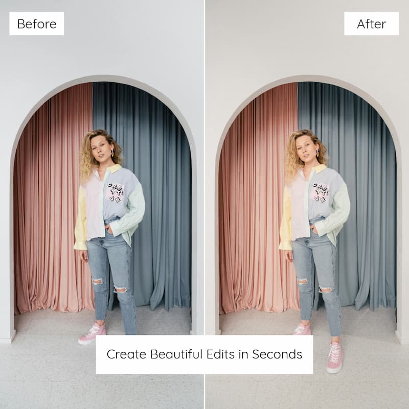 Before and after comparison of a person standing in an archway with curtains edited with Polaroid Preset Collection.