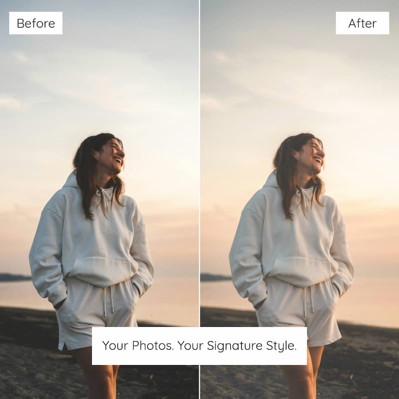 Before and after comparison of a person on a beach edited with Polaroid Preset Collection.