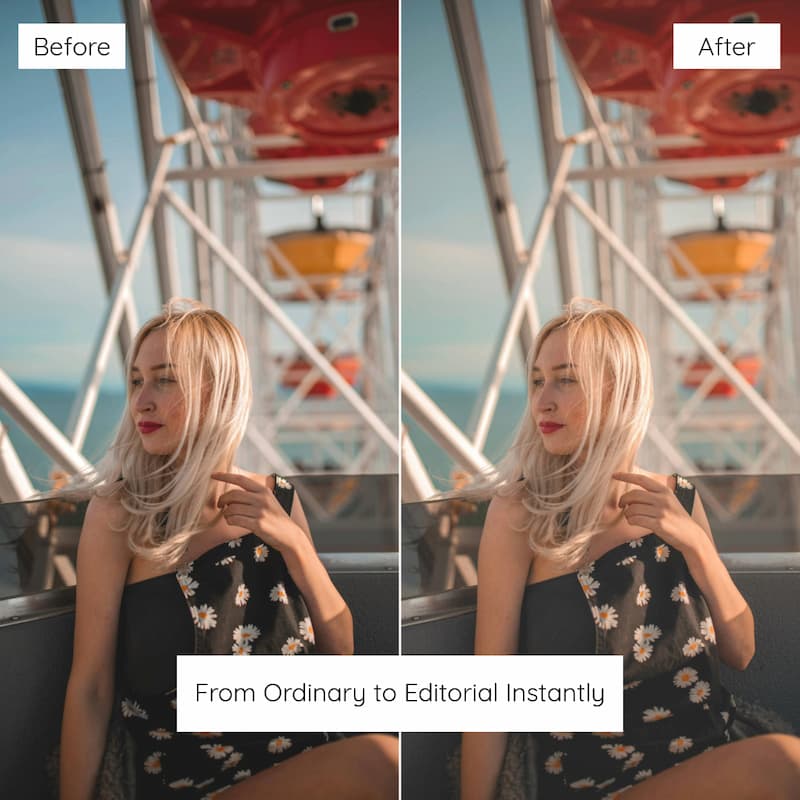 Before and after comparison of a woman sitting on a boat with a Ferris wheel in the background edited with Polaroid Preset Collection.