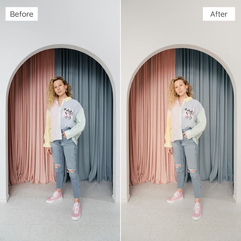 Before and after comparison of a person standing in an archway with curtains Edited with Polaroid Video LUTs.