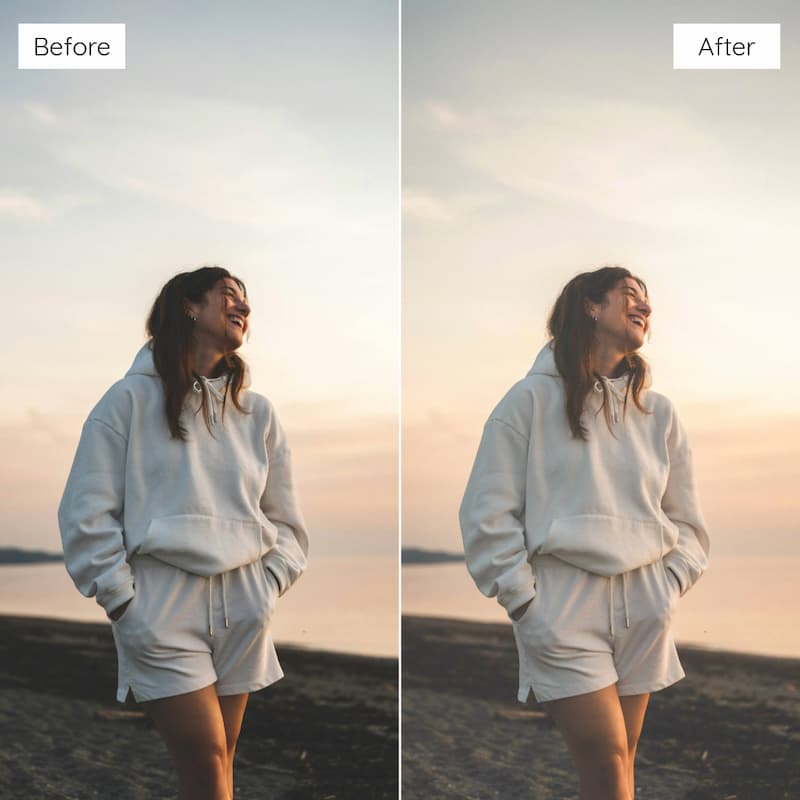 Before and after comparison of a person on a beach with enhanced lighting Edited with Polaroid Video LUTs.