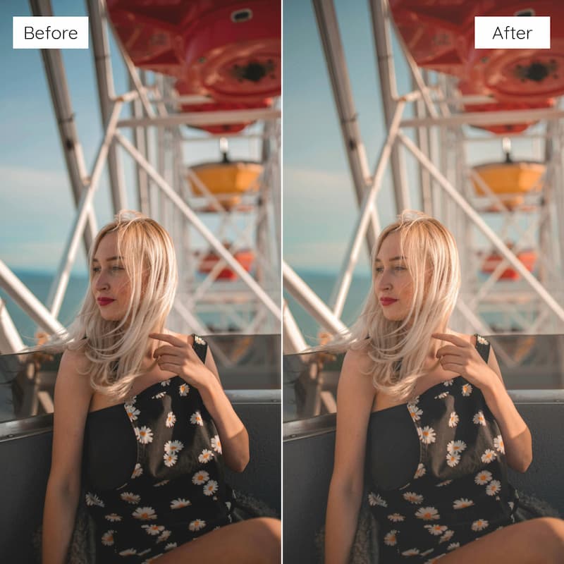 Before and after comparison of a woman sitting on a Ferris wheel with a clear sky Edited with Polaroid Video LUTs.