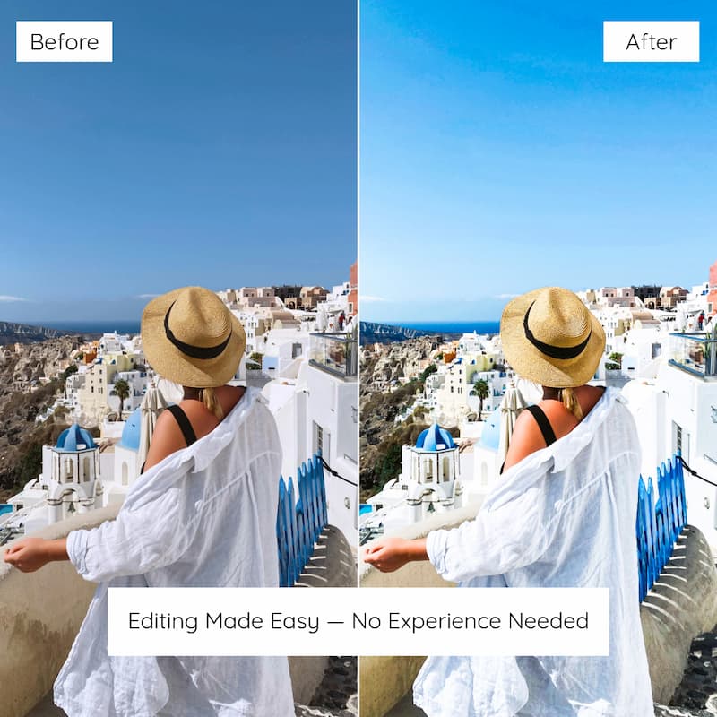 Before and after comparison of a person in Santorini Edited with Santorini Lightroom Preset