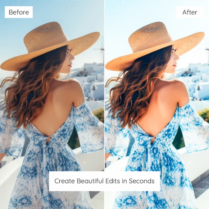 Before and after comparison of a woman wearing a straw hat and blue floral dress Edited with Santorini Lightroom Preset