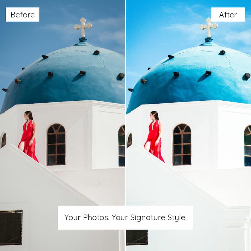 Before and after comparison of a woman in a red dress against a blue domed building Edited with Santorini Lightroom Preset