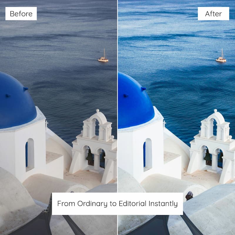 Before and after comparison of a coastal scene with blue domes and white buildings Edited with Santorini Lightroom Preset