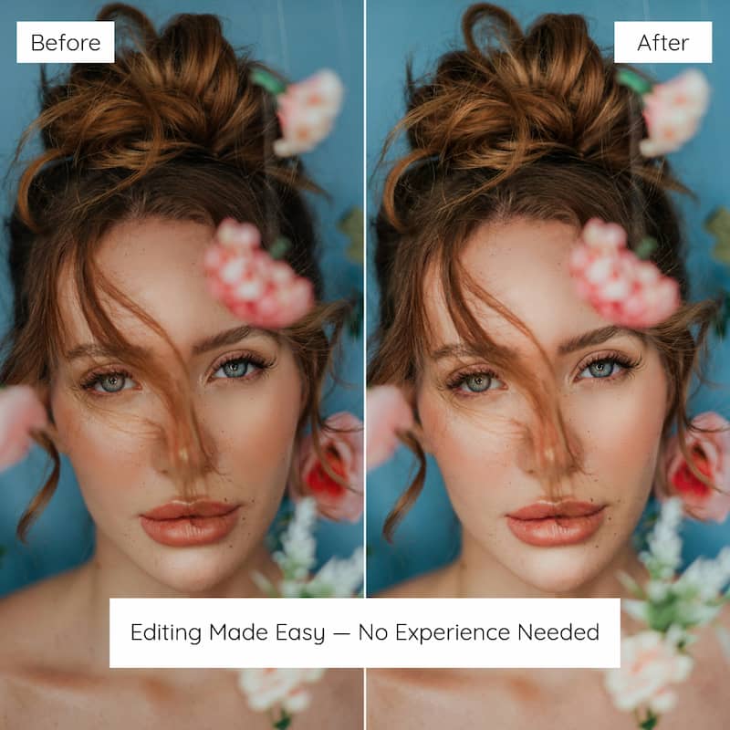Before and after comparison of a woman's face with floral elements, Edited With Selfie Lightroom Preset