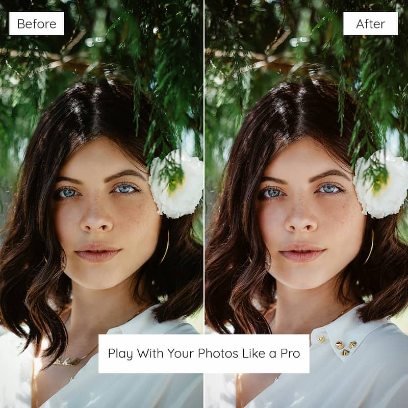Before and after comparison of a woman with flowers in her hair against a green background, Edited With Selfie Lightroom Presets
