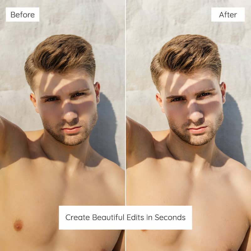 Before and after comparison of a man with a haircut against a neutral background, Edited With Selfie Lightroom Presets