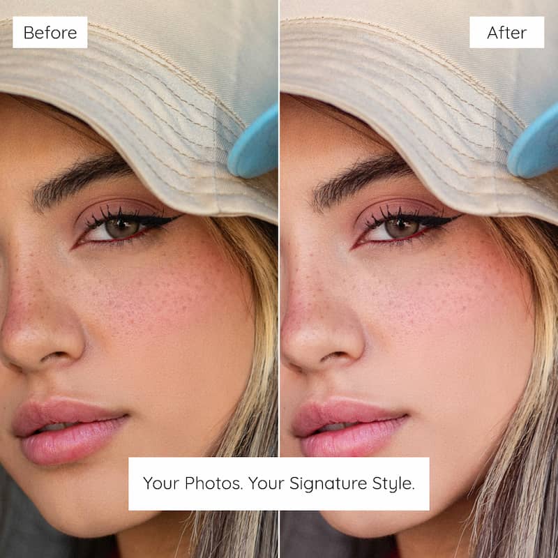 Before and after comparison of a woman's face with makeup application, Enhanced With Selfie Lightroom Preset 