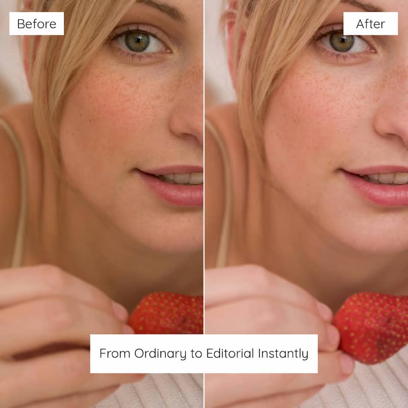 Before and after comparison of a woman holding a strawberry, Enhanced With Selfie Lightroom Presets