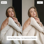 Before and after comparison of a woman in a beige dress Edited with Soft Lightroom Preset