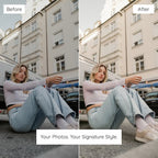 Before and after comparison of a woman sitting on a curb with buildings in the background Edited with Soft Lightroom Preset