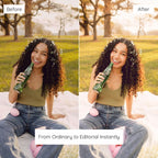 Before and after comparison of a woman holding a bottle in a park setting Enhanced with Soft Lightroom Preset