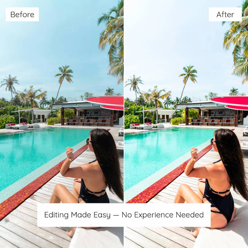 Before and after comparison of a woman by a pool Edited with Sunshine Lightroom Preset
