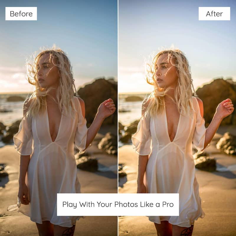 Before and after comparison of a woman on a beach Edited with Sunshine Lightroom Presets