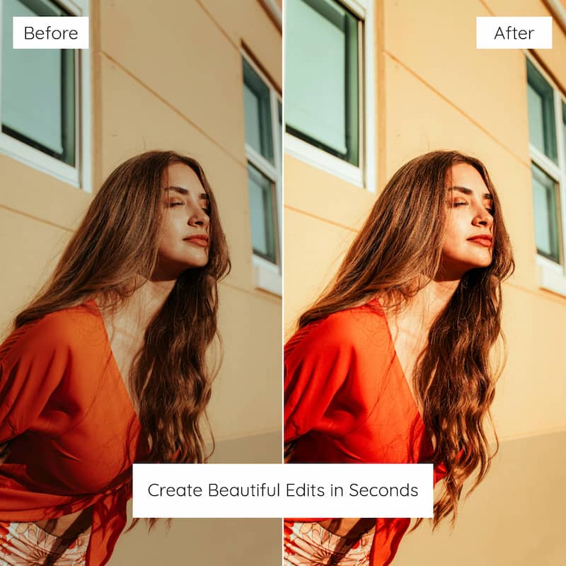 Before and after comparison of a woman in an orange dress against a beige wall Enhanced with Sunshine Lightroom Preset