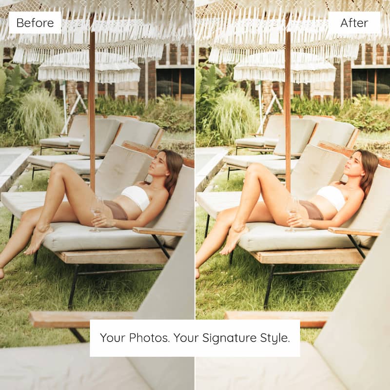 Before and after comparison of a woman lounging on a chair Enhanced with Sunshine Lightroom Presets
