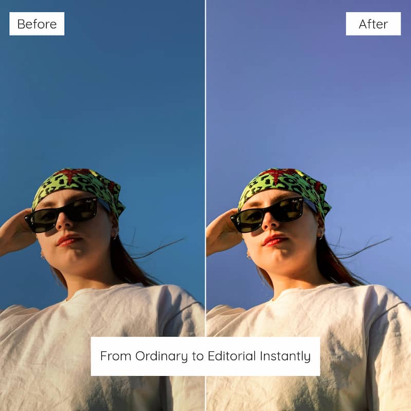 Before and after comparison of a person wearing sunglasses and a headband against a blue sky Enhanced with Sunshine Lightroom Preset