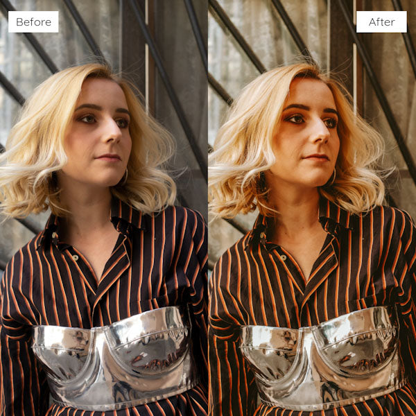 Before and after using Lightroom Presets to add vibrant and dynamic tones to an image.