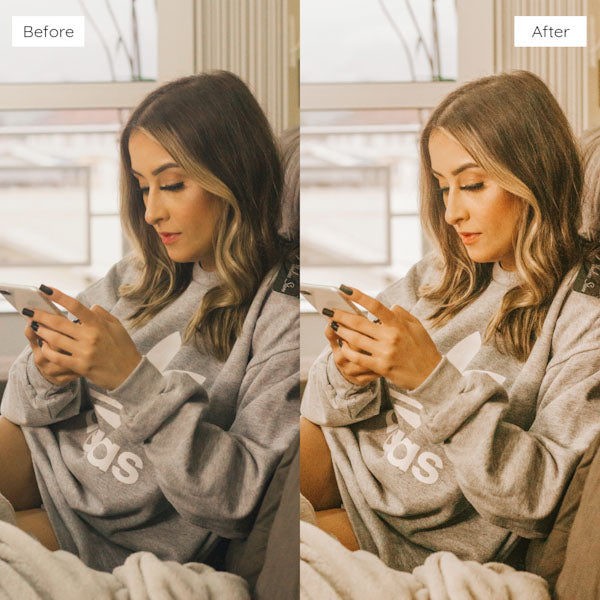 Before and after using Lightroom Presets for enhancing natural light and shadows in photos.