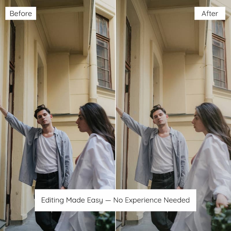 Before and after comparison of a photo editing effect applied to a couple in an urban setting edited with Vintage Film Preset Collection.