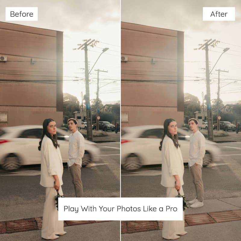 Before and after comparison of a photo editing effect on a street scene with two people edited with Vintage Film Preset Collection.