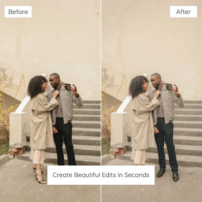 Before and after comparison of a couple on steps edited with Vintage Film Preset Collection.
